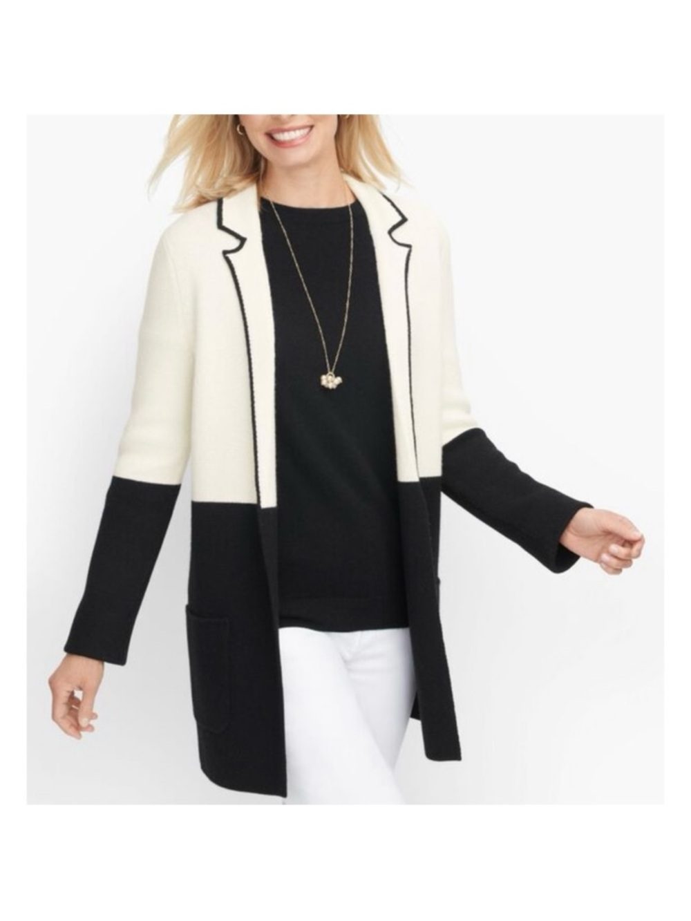 Talbots Two-Tone Cream and Black Open-Front Cardigan Sweater